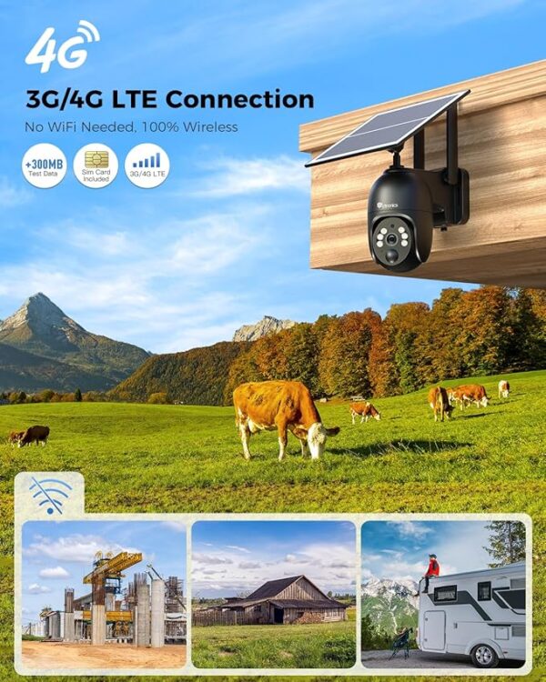 Ctronics 2K 4G LTE Camara Vigilancia Exterior Solar, PTZ IP Cámara Vigilancia Sim Sin Cables, 10400mAh Batería, PC/Cloud/FTP, Visión Nocturna Color, Detección Movimiento PIR (Negro) - Imagen 3